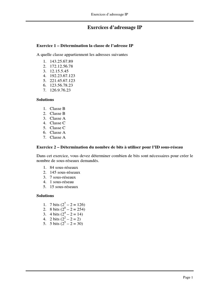 Exercices sur l'adressage IP | PDF | Adresse IP | Protocoles Internet