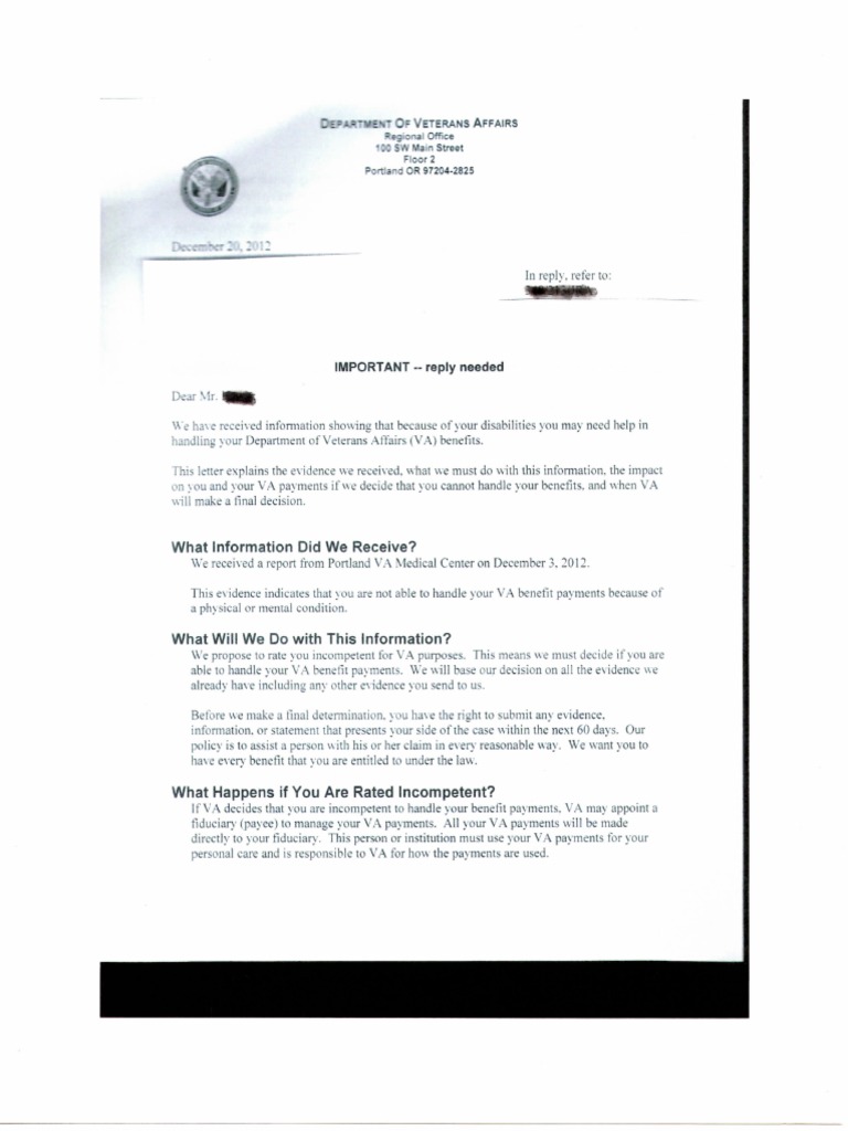 VA Benefits Incompetency Notification | PDF | Government | Justice