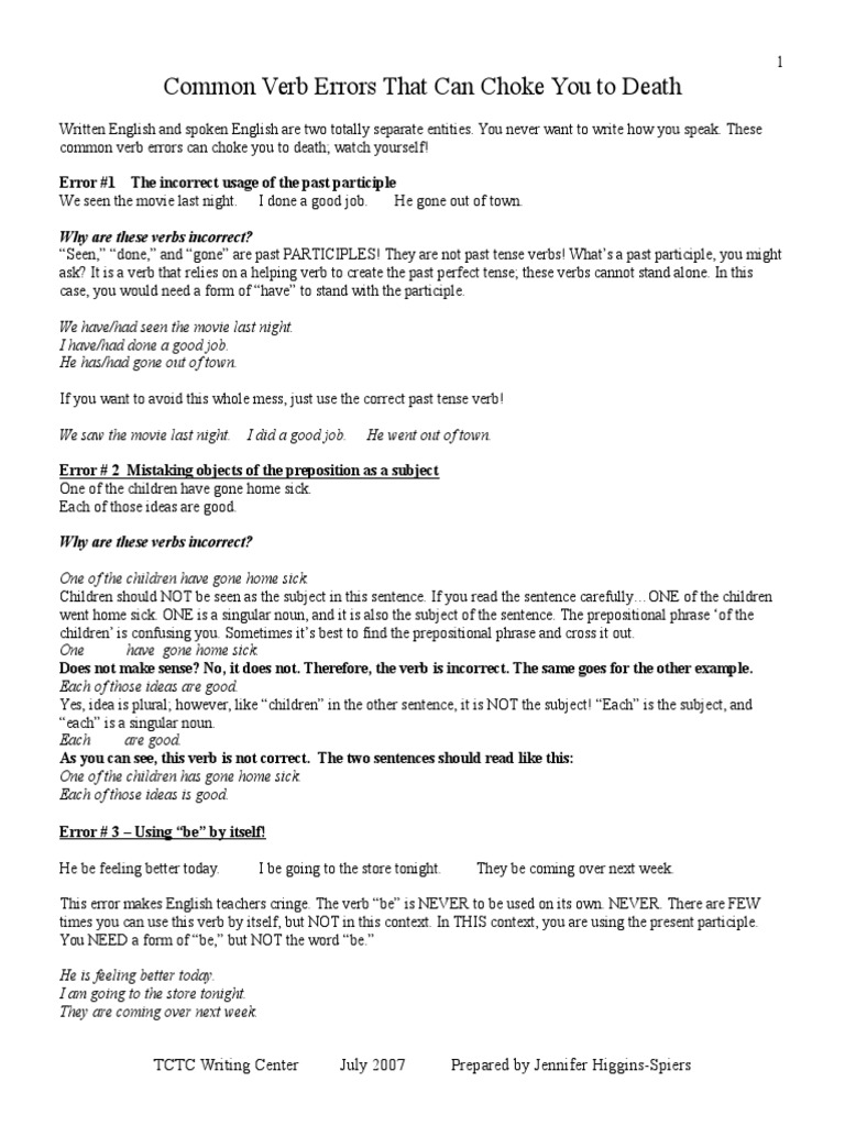 Common Verb Errors That Can Choke You To Death PDF Verb English Language