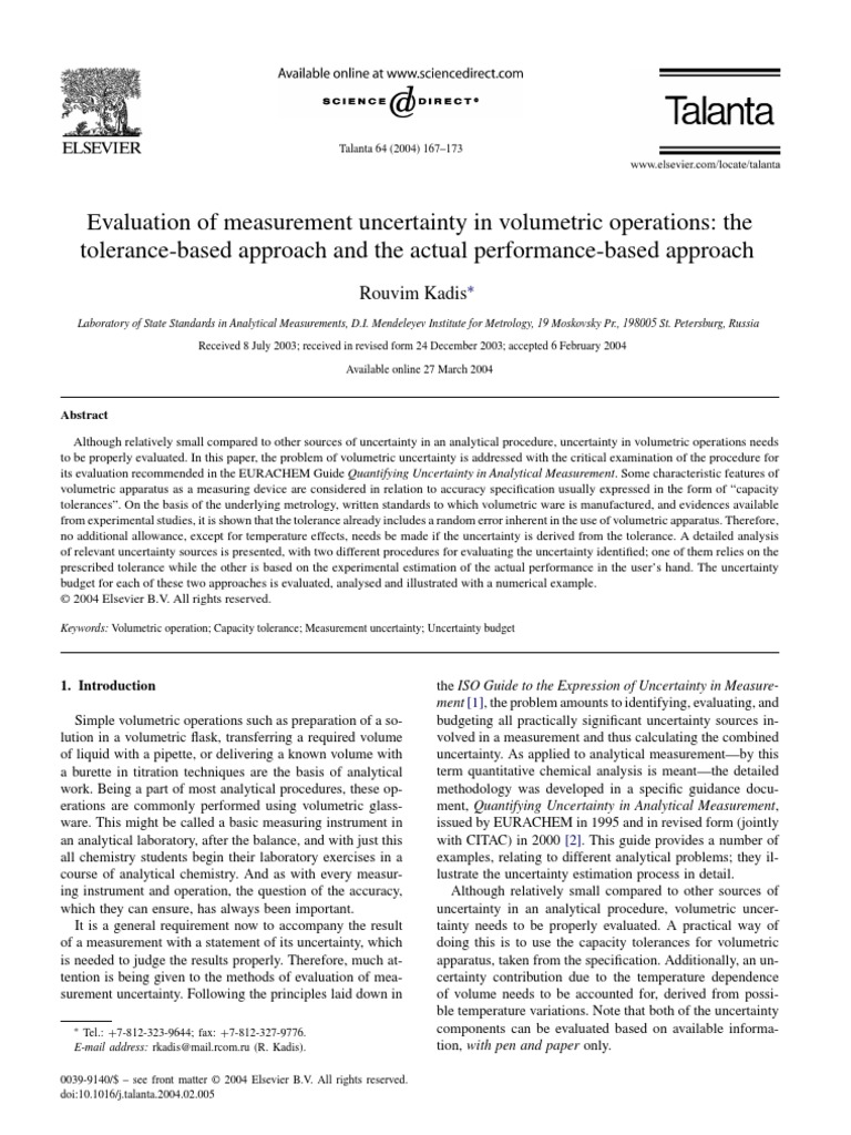 Evaluation of Measurement Uncertainty in Volumetric Operations The ...