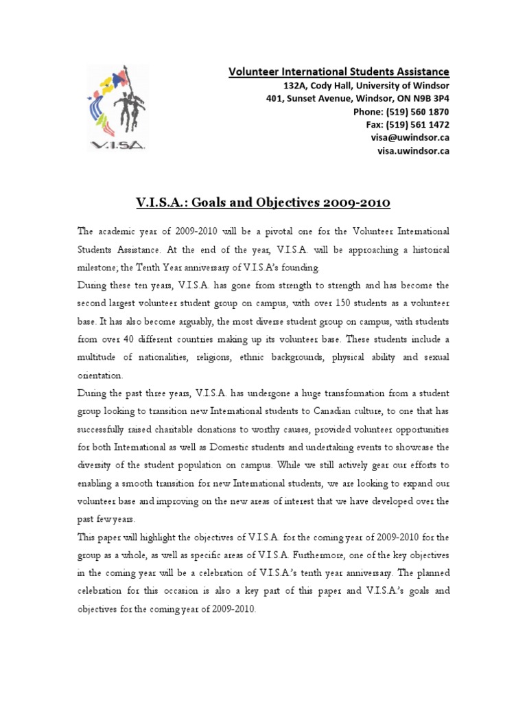 V.I.S.A. - Goals and Objectives 2009-2010 | PDF | Volunteering ...