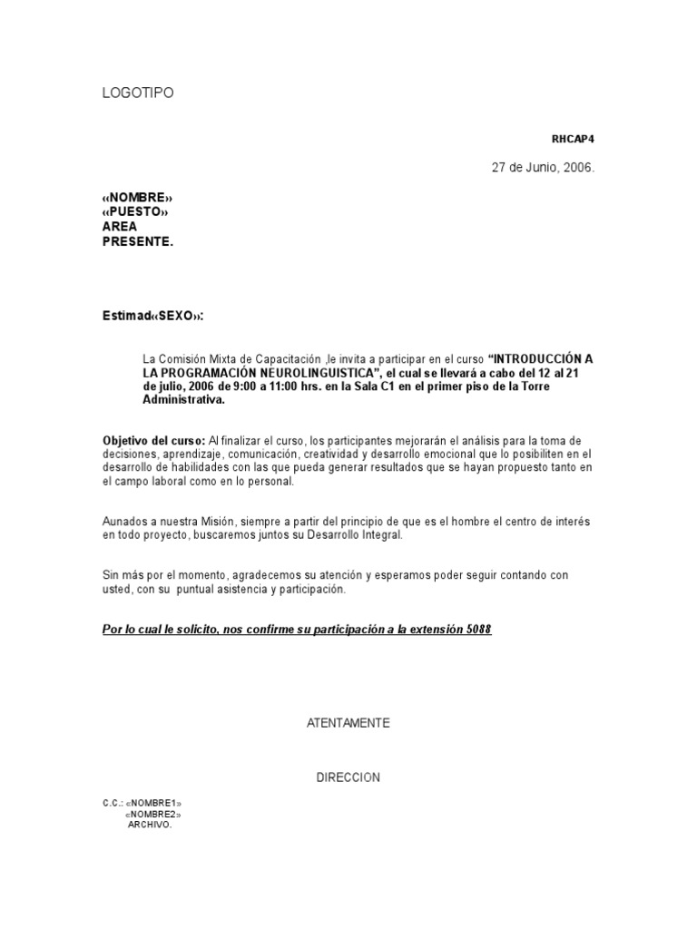 Carta De Invitacion A Curso Capacitacion