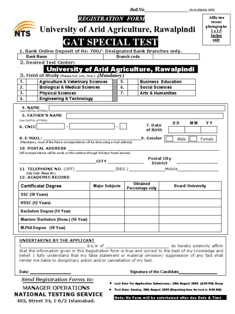 GAT Special Test Registration Form | PDF