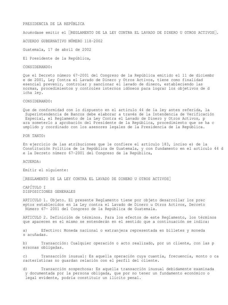 Reglamento de La Ley Contra El Lavado de Dinero | PDF | Bancos | Regulación