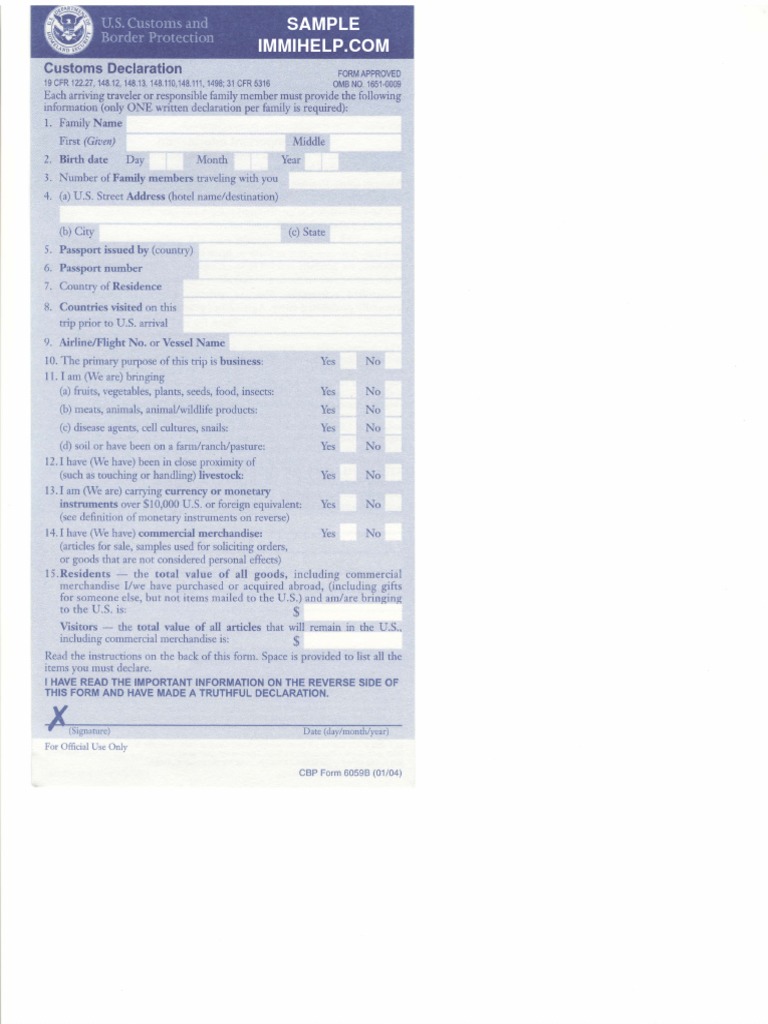 Sample Us Customs Declaration Form 6059b | PDF