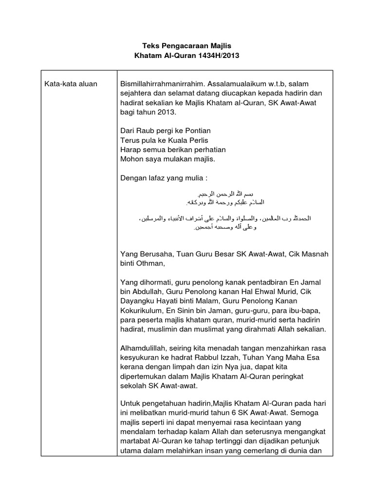 Teks Pengacaraan Majlis Khatam Al Quran Pdf