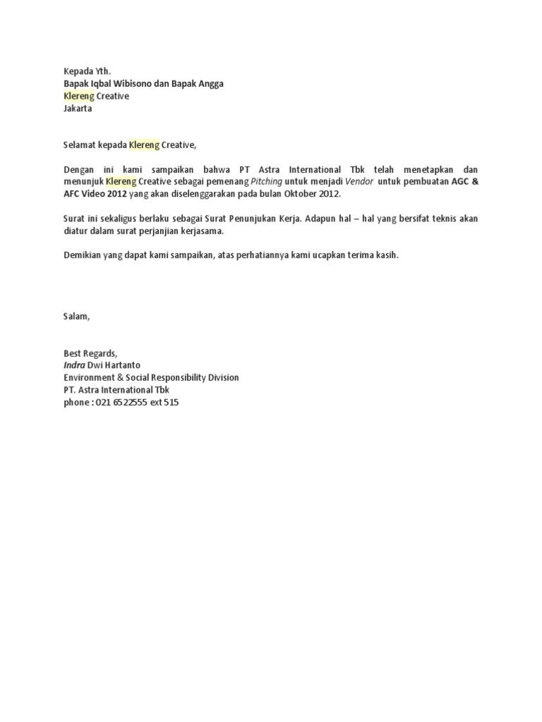Contoh Surat Cetakan Komputer