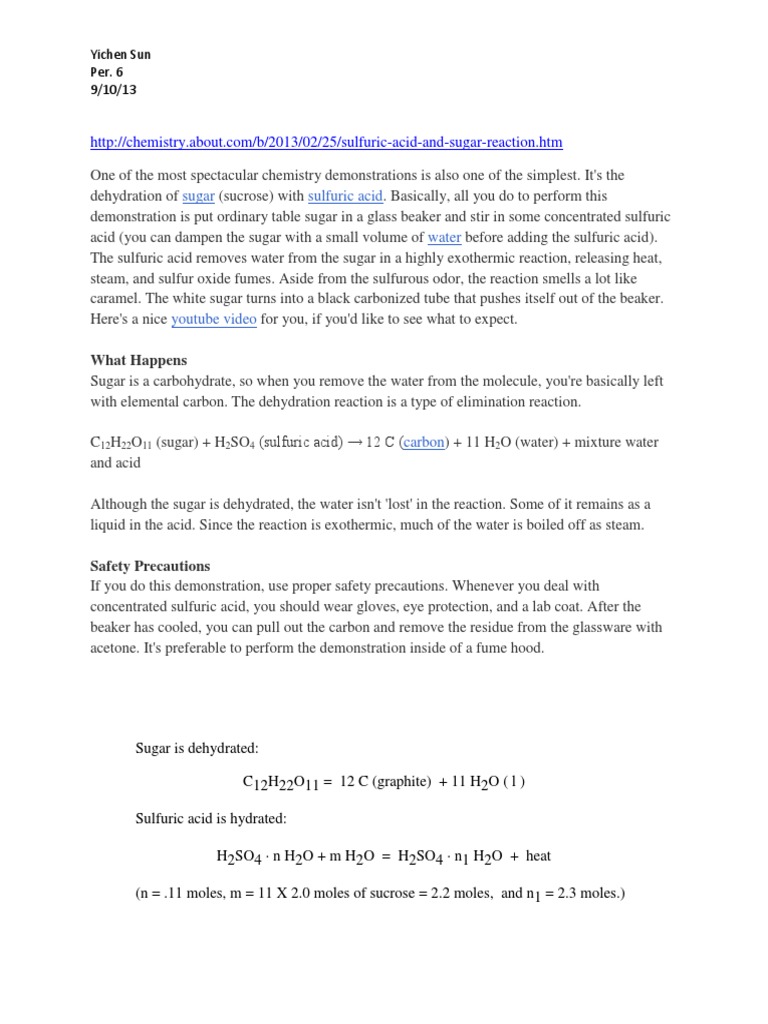Chem. Research (Sulfuric Acid and Sugar Lab) PDF Sulfuric Acid Carbohydrates