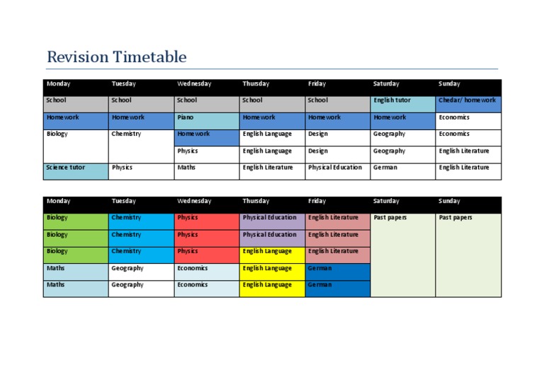 Revision Timetable: Monday Tuesday Wednesday Thursday Friday Saturday ...