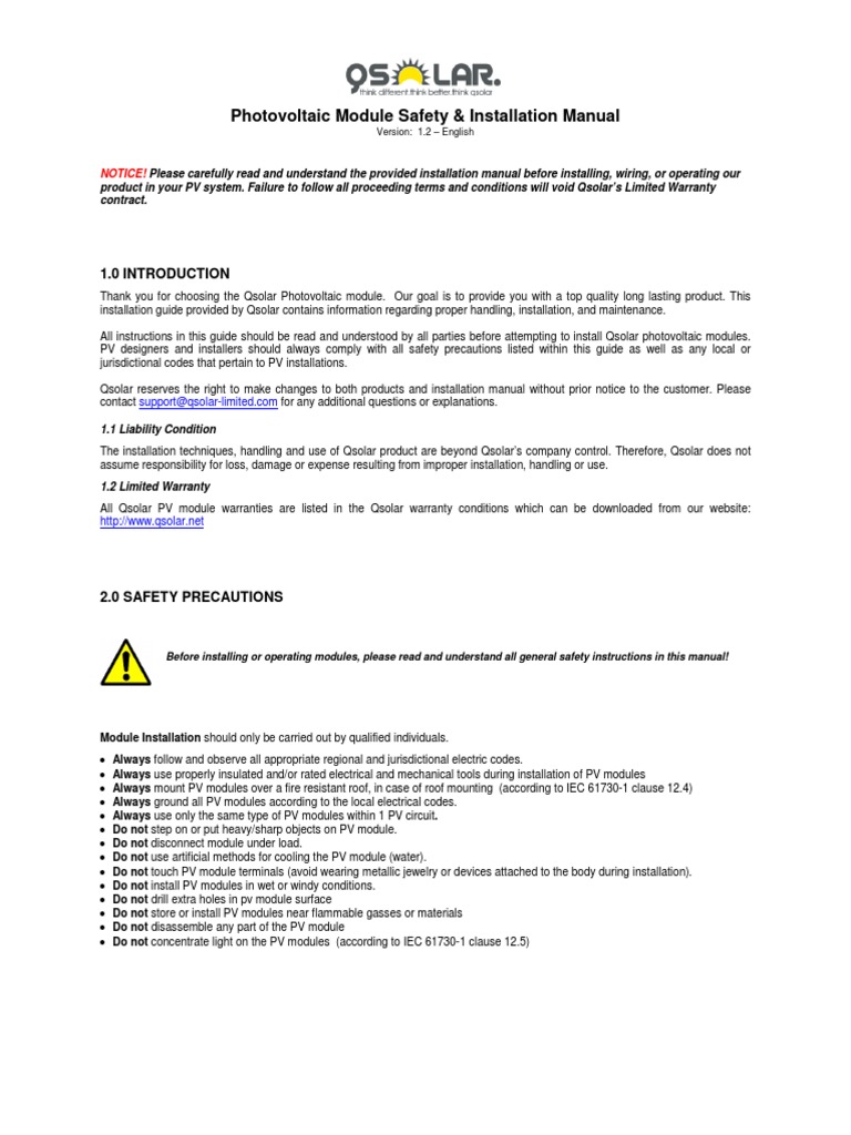 Qsolar PV Module Safety & Installation Guide | PDF | Photovoltaics ...