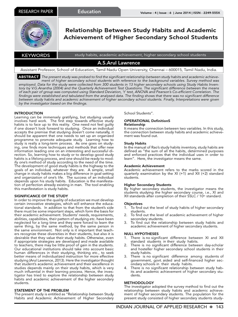 Relationship Between Study Habits and Academic June 2014 1401710562 ...