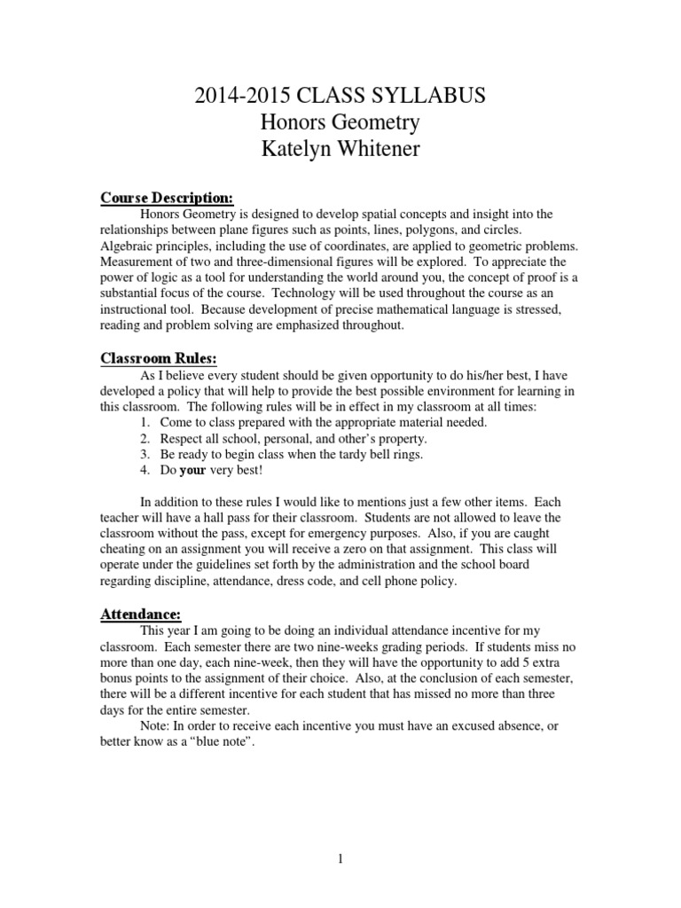 Honors Geometry Course Syllabus 2014-2015 | PDF | Geometry | Teaching ...