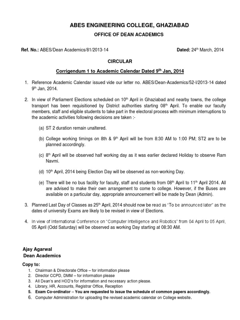 Abes Engineering College, Ghaziabad: Office of Dean Academics | PDF