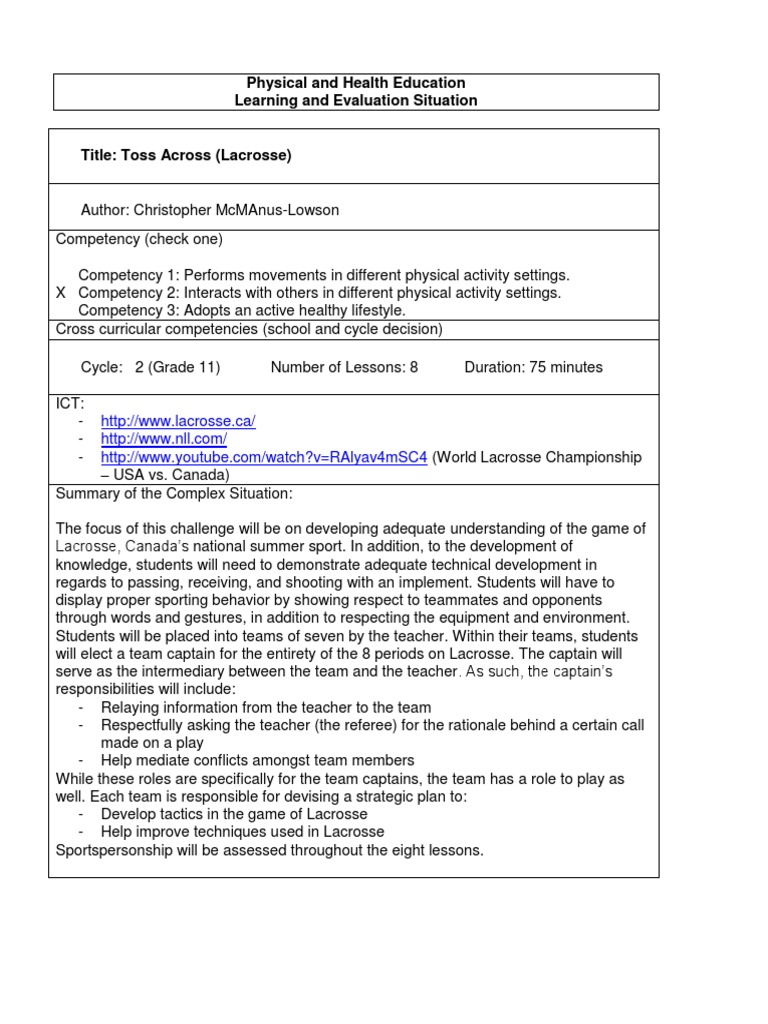 Lacrosse Les PDF Lacrosse Evaluation