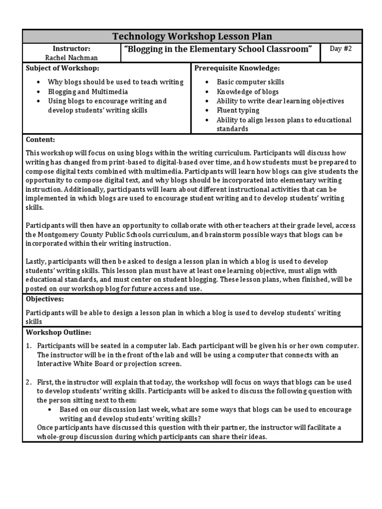 Technology Workshop Lesson Plan: 