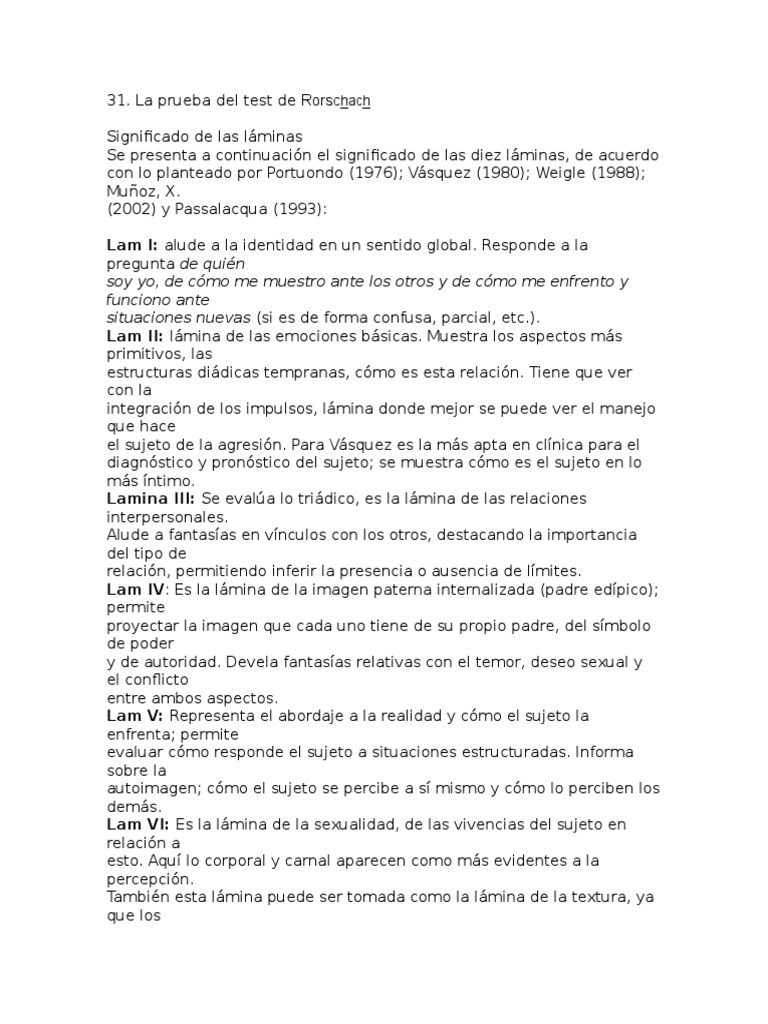 Significado De Las Láminas Del Test De Rorschach Pdf Percepción