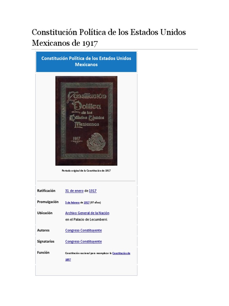 Constitución Política de Los Estados Unidos Mexicanos de 1917 | PDF ...