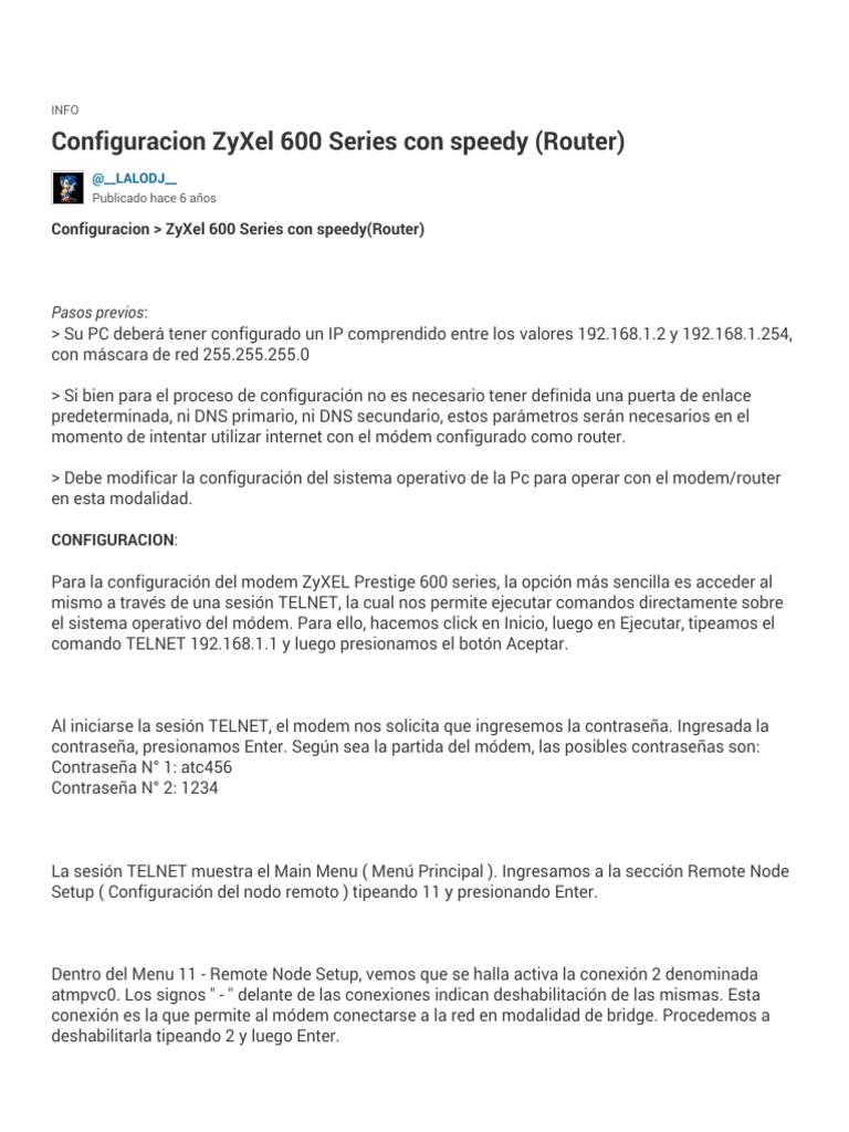 Configuración ZyXEL 600 con Speedy | PDF | Dirección IP | Red de ...