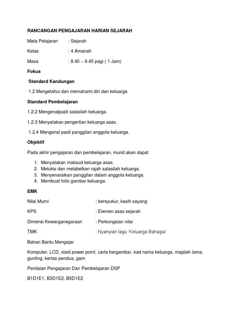 Rancangan Pengajaran Harian Sejarah Pdf