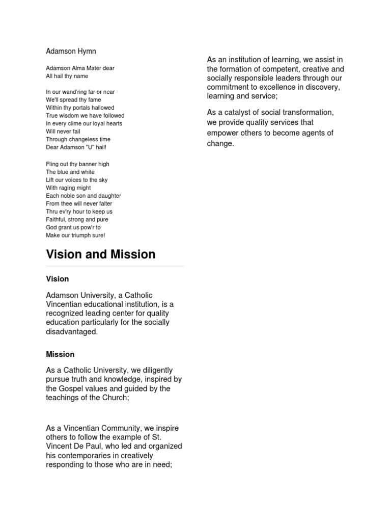 Adamson Hymn, Vision and Mission | PDF