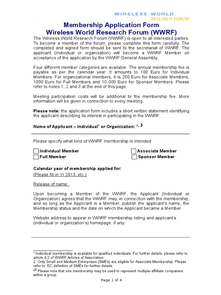 Membership Application Form Wireless World Research Forum (WWRF) | PDF ...