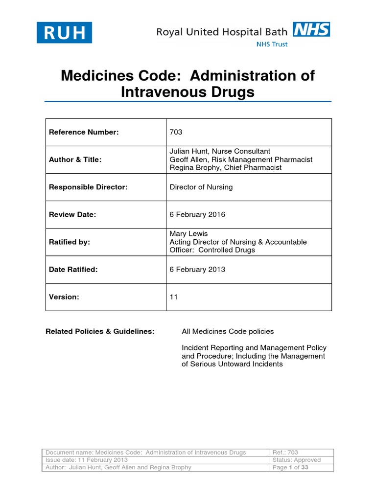 IV Drug Administration Guidelines | PDF | Intravenous Therapy | Medical ...