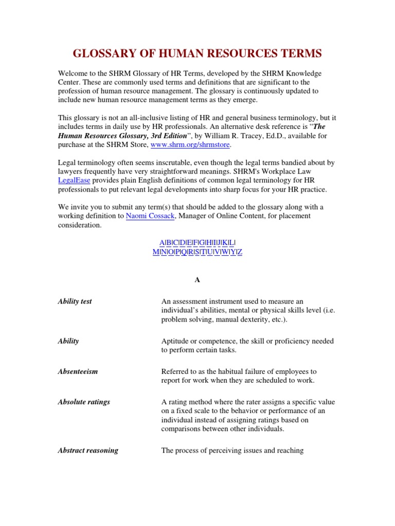 Glossary of Human Resources Terms PDF Americans With Disabilities
