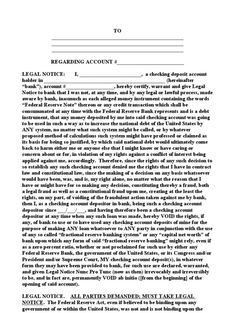Legal Notice on Checking Account Rights | PDF | Fractional Reserve ...