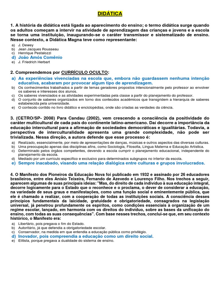 Questionário de Didática PDF | PDF | Pedagogia | Interdisciplinaridade