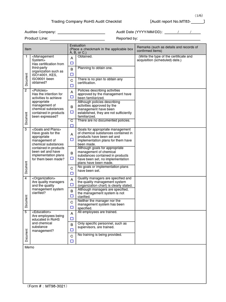 Trading Company RoHS Audit Checklist | PDF | Data Analysis | Audit