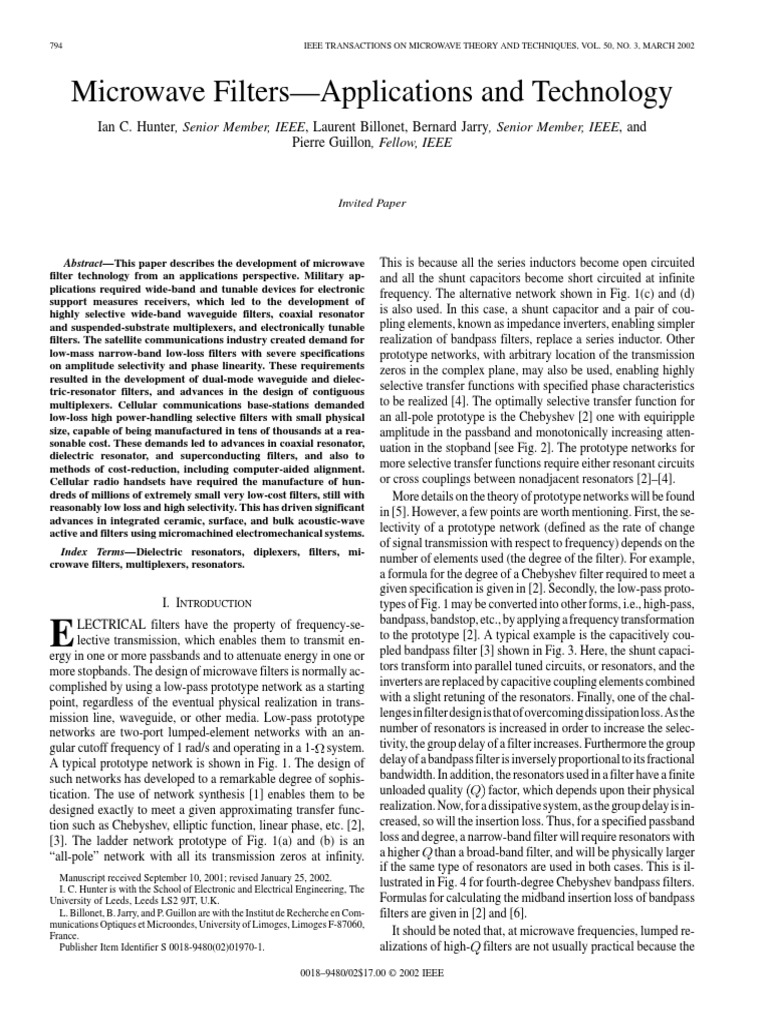 Microwave FiltersApplications and Technology PDF Electronic Filter