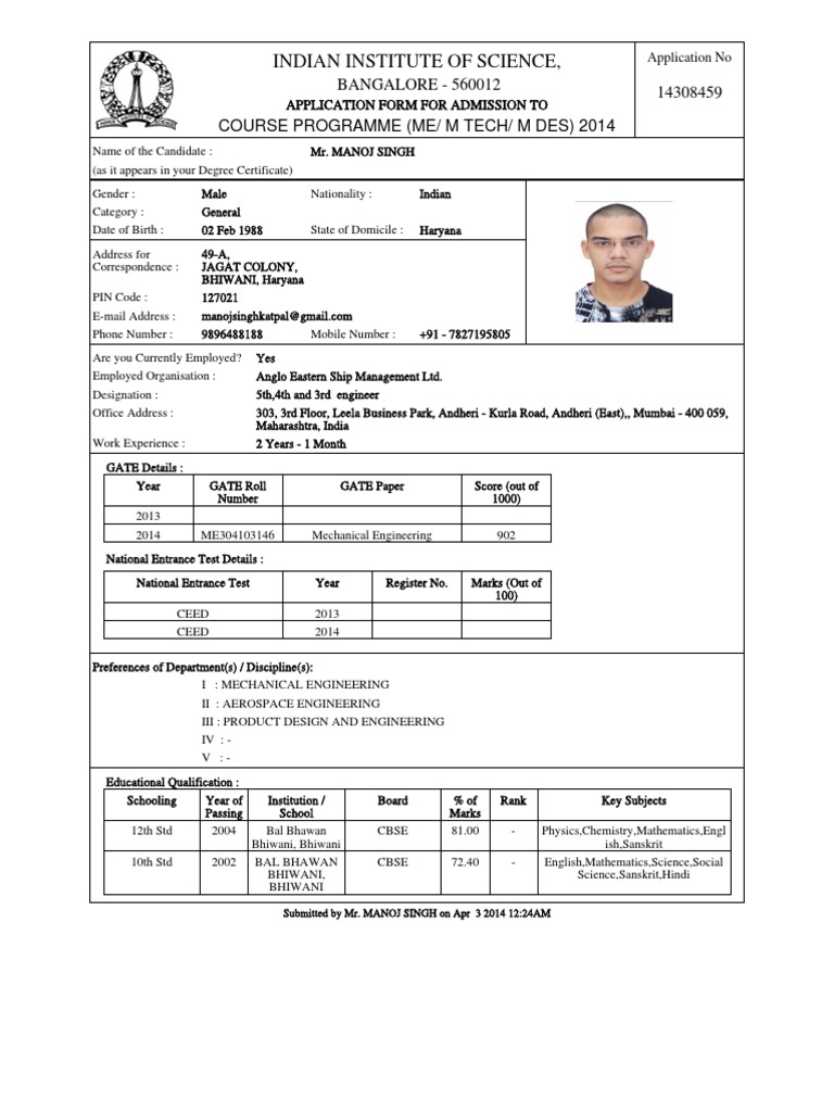 IISc Admission Application Form 2014 | PDF | Engineering | Academia