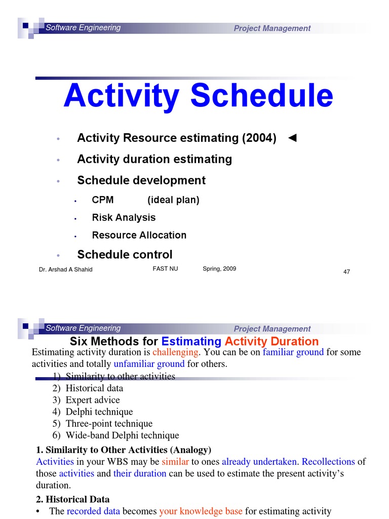 Activity Schedule: Activity Resource Estimating (2004) Activity ...