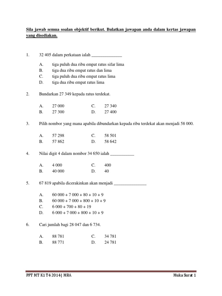 Soalan Mt Tahun 4 k1 Kssr - Ppt 2014 (1)