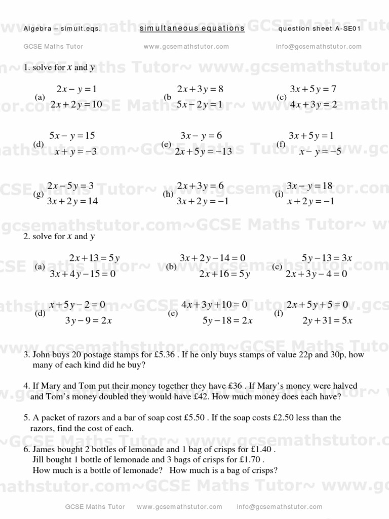Simultaneous Equations Worksheet #01, Algebra revision from GCSE Maths