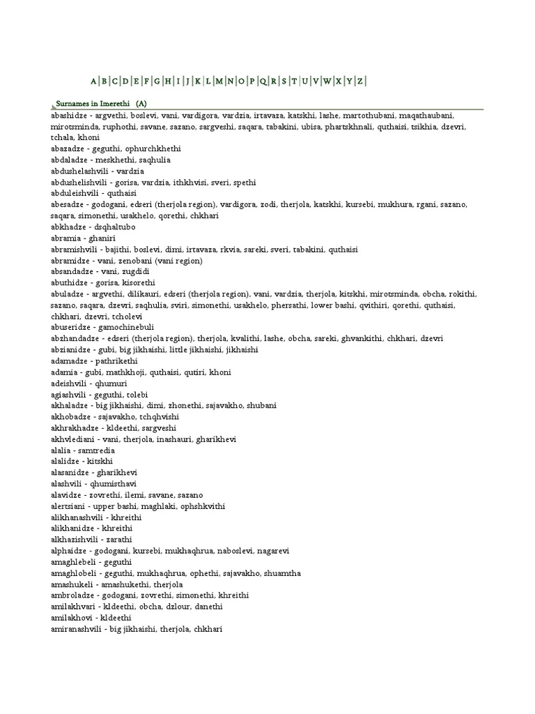 Surnames of the Imereti Region of A Detailed List of Common