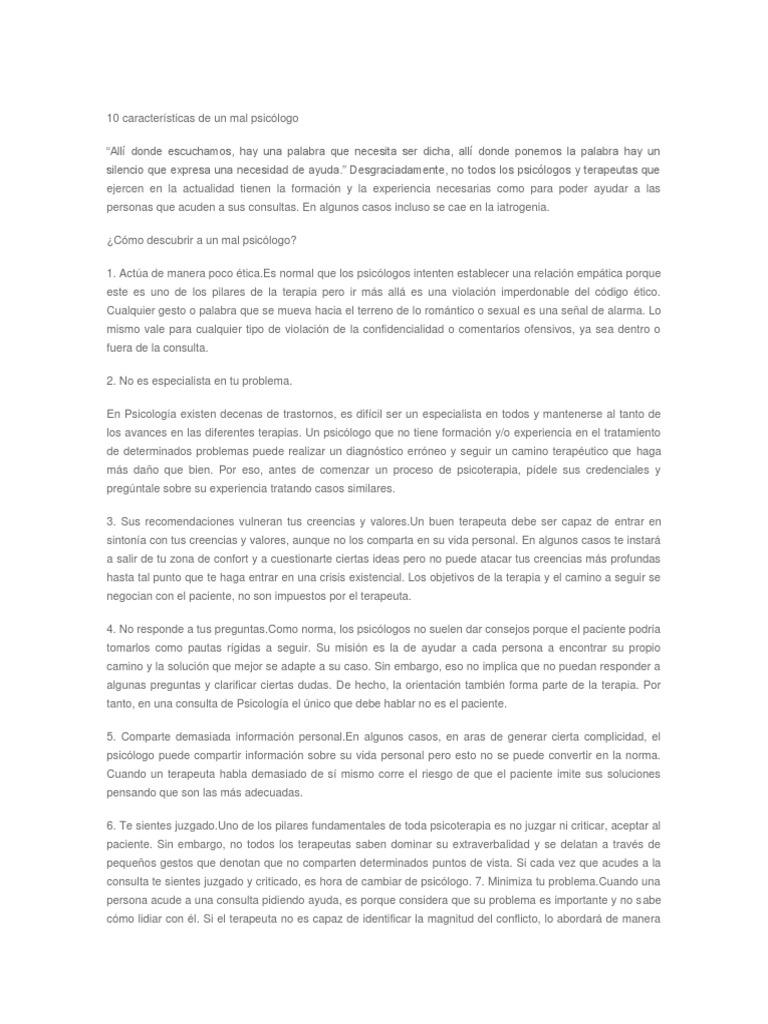 Cómo identificar un mal psicólogo | PDF | Psicoterapia | Sicología