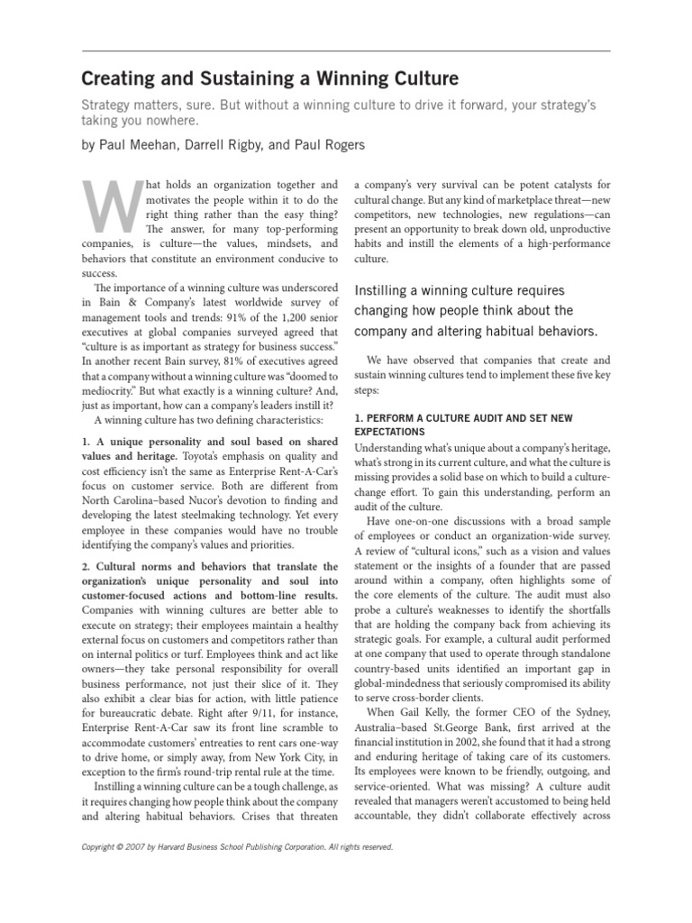 Creating and Sustaining A Winning Culture | PDF | Attention | Banks