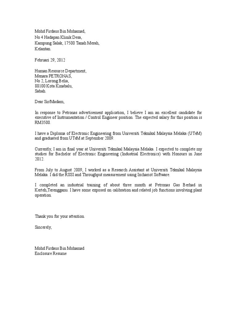 Petronas Cover Letter Pdf