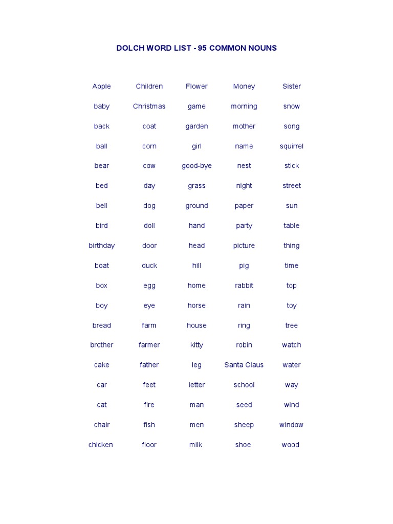 95 Common Nouns Dolch Word List PDF