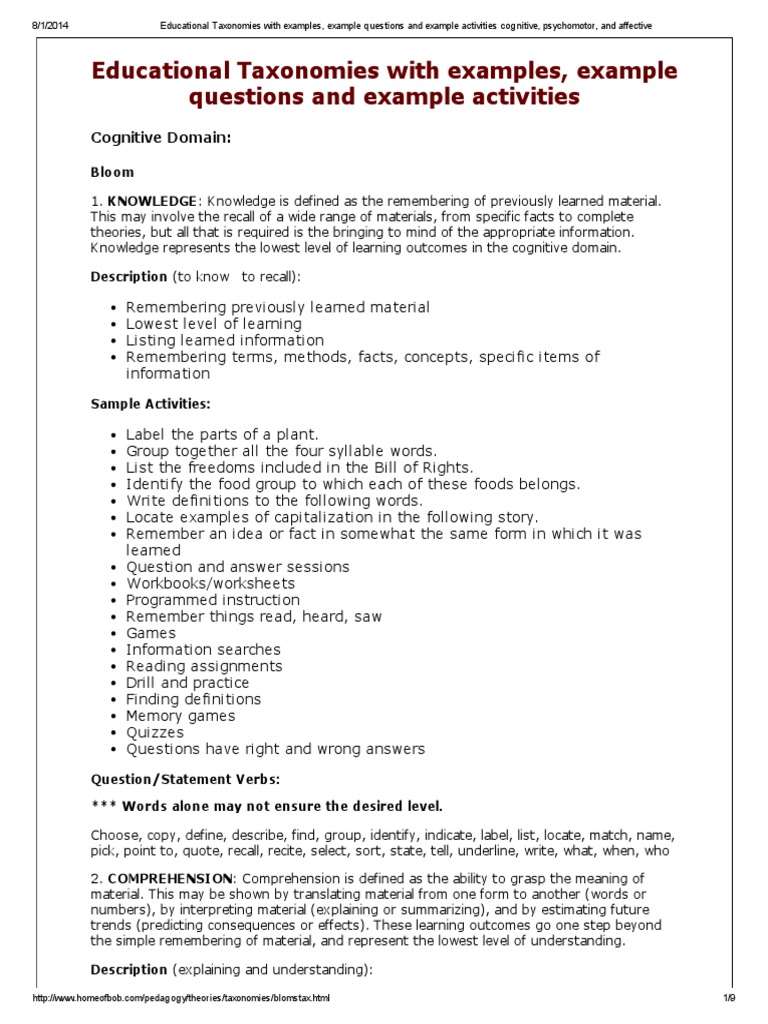 Educational Taxonomies With Examples, Example Questions and Example  Activities Cognitive, Psychomotor, and Affective | PDF | Perception |  Reading Comprehension