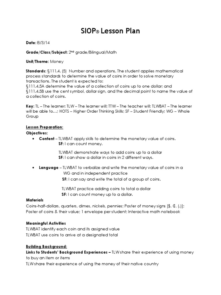 2nd Grade Math Siop Lesson Plan Pdf Lesson Plan Map