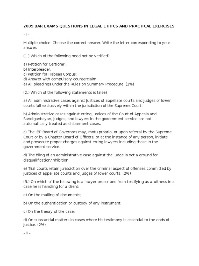 Bar Exams Questions in Legal Ethics and Practical Exercises Lawyer