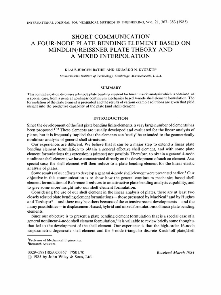 A Four-Node Plate Bending Element Based On Mindlin Reissner Plate ...