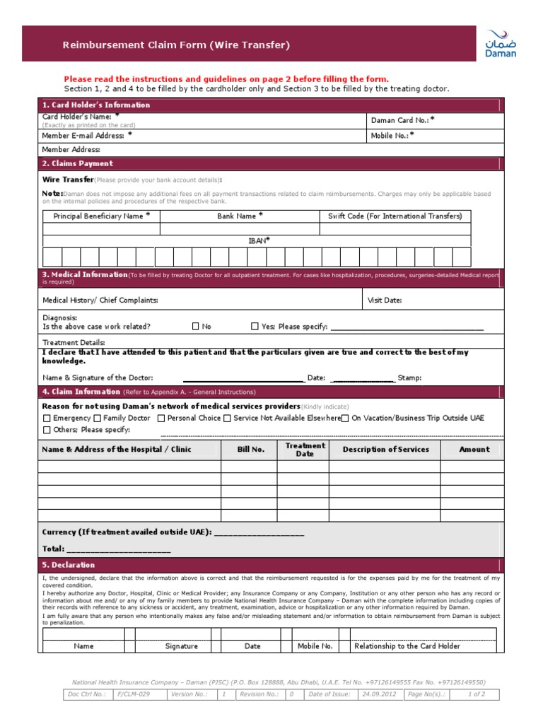 Reimbursement Claim Form (Wire Transfer) PDF United Arab Emirates