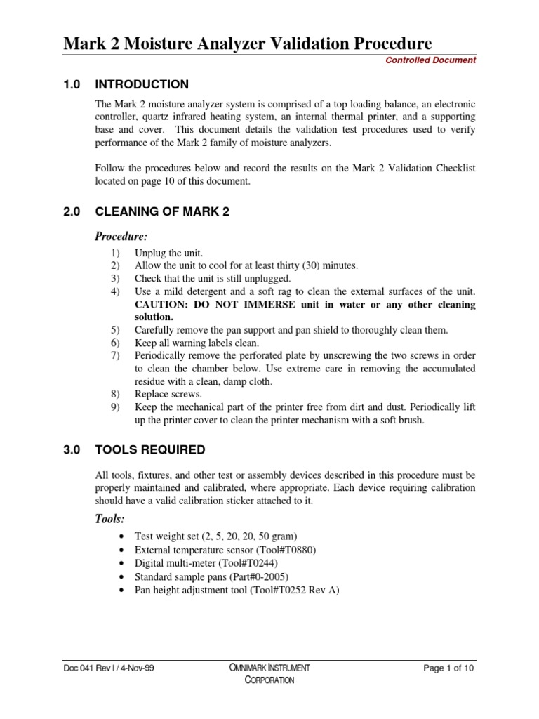 Mark 2 Moisture Analyzer Validation Procedure PDF Weighing Scale