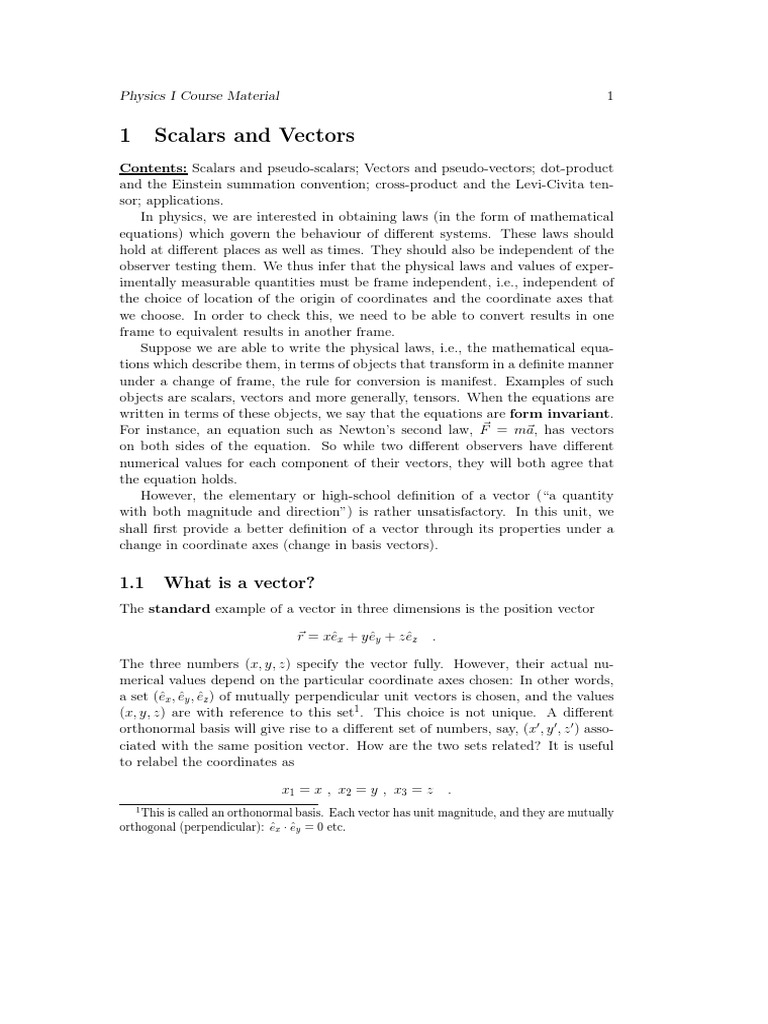 1 Scalars and Vectors: 1.1 What Is A Vector? | PDF | Euclidean Vector ...