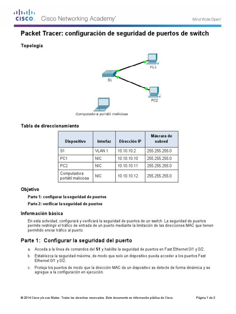 2.2.4.9 Packet Tracer - Configuring Switch Port Security Instructions | PDF  | Conmutador de red | Telecomunicaciones