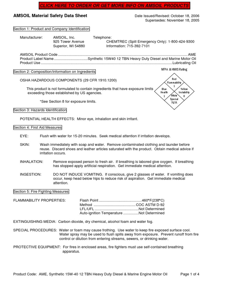 AMSOIL Material Safety Data Sheet Nfpa & Hmis Rating PDF Motor Oil