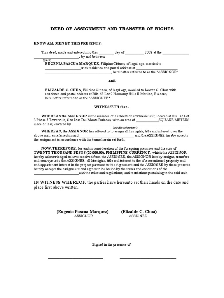 Deed of Assignment for Property Transfer | PDF | Civil Law (Common Law ...